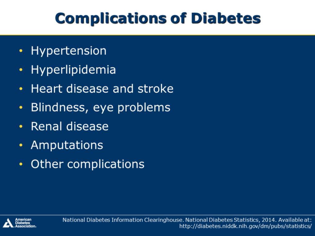 Complications of diabetes are included on this slide; the following slides summarize those of heart disease and stroke, hypertension, blindness, eye problems, nervous system disease and amputations