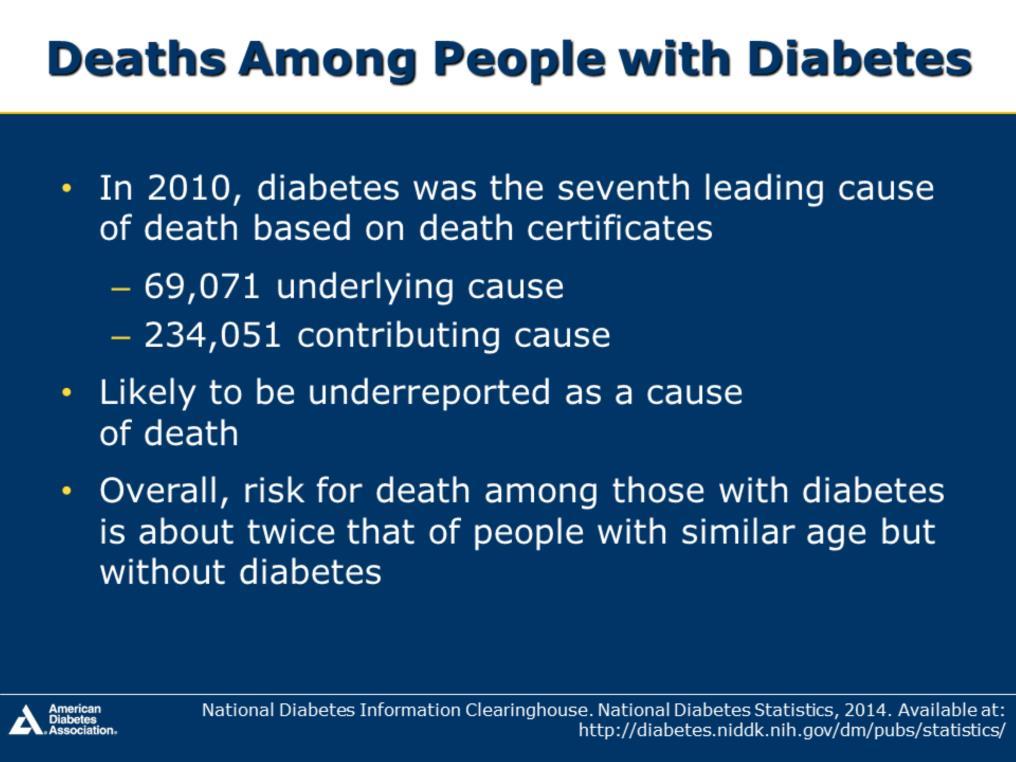 Based on US death certificates in 2010, diabetes was the seventh leading cause of death in which diabetes appeared as any-listed cause of death This ranking is based on 69,071 death certificates that