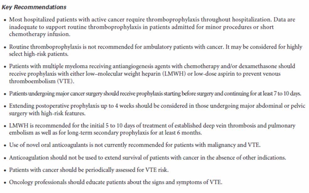 VTE Prevention ASCO 2014 Recommendation: Inpatients: Most patients Outpatients: selected high-risk patients MM: anti-angiogenesis agents with chemo and/or dex should receive prophylaxis: LMWH or ASA