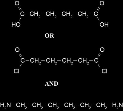 (mention of diacid chloride, diacid, diamine sufficent). The acid chloride and amine react to give an amide functional group or peptide bond.