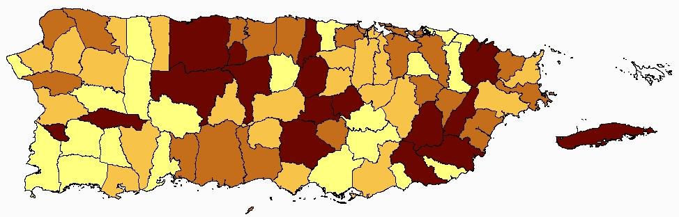 FIGURE 17: AGE-ADJUSTED (2000 PR STD. POP.) INCIDENCE RATES OF ORAL CAVITY AND PHARYNX CANCER BY MUNICIPALITY IN PUERTO RICO, 2006-2010 Puerto Rico Rate: 8.