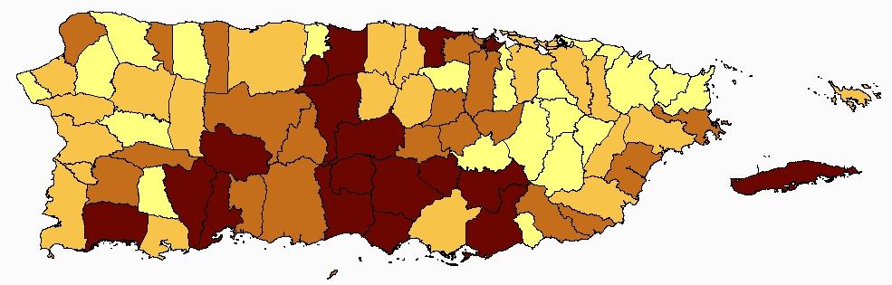 FIGURE 23 AGE-ADJUSTED (2000 PR STD. POP.) INCIDENCE RATES OF STOMACH CANCER BY MUNICIPALITY IN PUERTO RICO, 2006-2010 Puerto Rico Rate: 7.