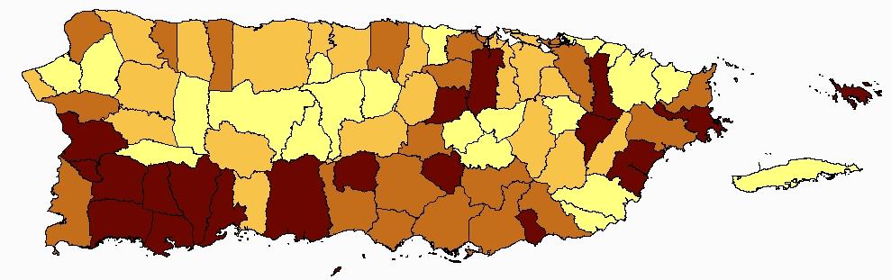 FIGURE 29: AGE-ADJUSTED (2000 PR STD. POP.) INCIDENCE RATES OF COLON AND RECTUM CANCER BY MUNICIPALITY IN PUERTO RICO, 2006-2010 Puerto Rico Rate: 38.
