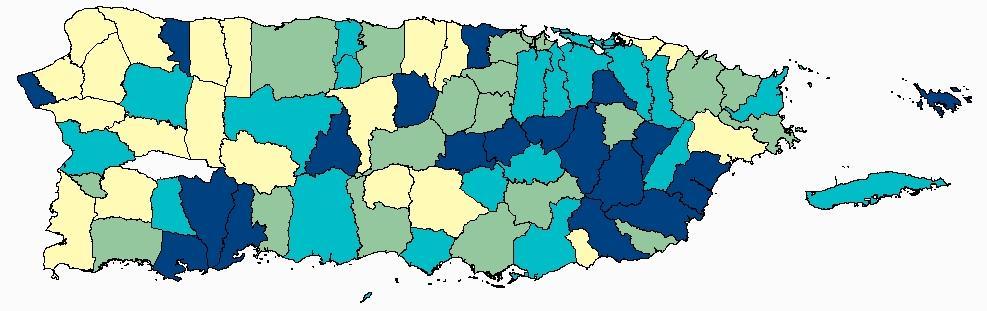 FIGURE 36: AGE-ADJUSTED (2000 PR STD. POP.) MORTALITY RATES OF LIVER AND INTRAHEPATIC BILE DUCT CANCER BY MUNICIPALITY IN PUERTO RICO, 2006-2010 Puerto Rico Rate: 6.