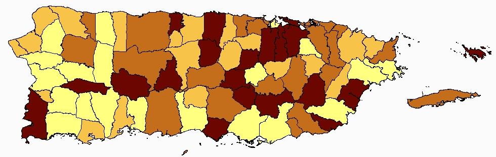 FIGURE 41: AGE-ADJUSTED (2000 PR STD. POP.) INCIDENCE RATES OF LUNG AND BRONCHUS CANCER BY MUNICIPALITY IN PUERTO RICO, 2006-2010 Puerto Rico Rate: 15.