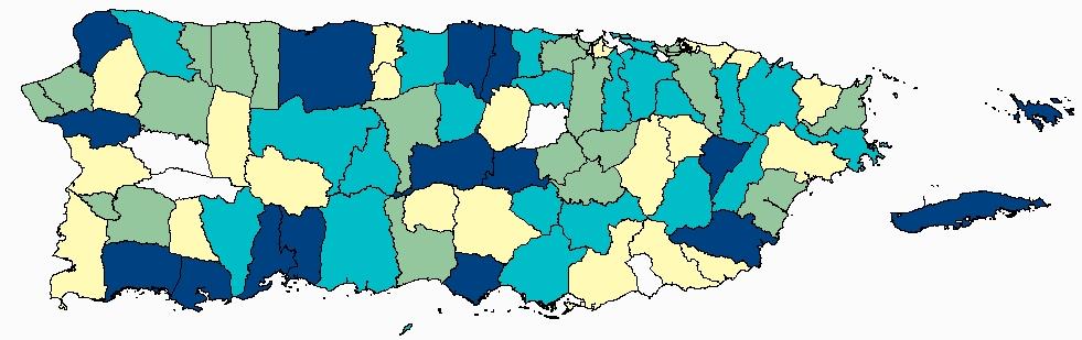 FIGURE 53: AGE-ADJUSTED (2000 PR STD. POP.) MORTALITY RATES OF URINARY BLADDER CANCER BY MUNICIPALITY IN PUERTO RICO, 2006-2010 Puerto Rico Rate: 2.