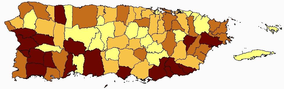 FIGURE 69: AGE-ADJUSTED (2000 PR STD. POP.) INCIDENCE RATES OF CORPUS UTERUS CANCER BY MUNICIPALITY IN PUERTO RICO, 2006-2010 Puerto Rico Rate: 18.