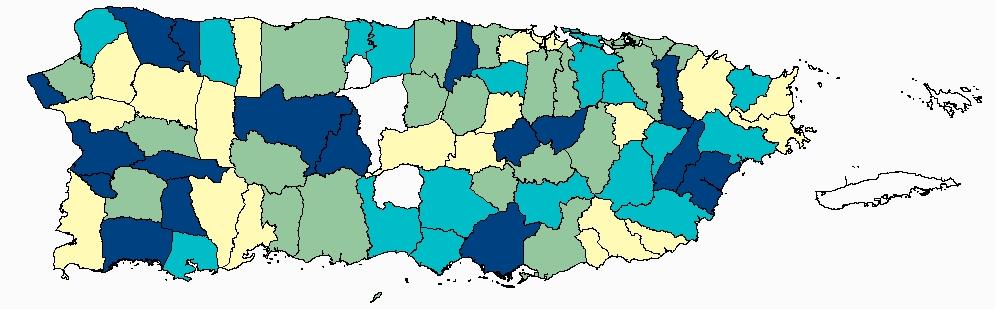 FIGURE 70: AGE-ADJUSTED (2000 PR STD. POP.) MORTALITY RATES OF CORPUS UTERUS CANCER BY MUNICIPALITY IN PUERTO RICO, 2006-2010 Puerto Rico Rate: 4.