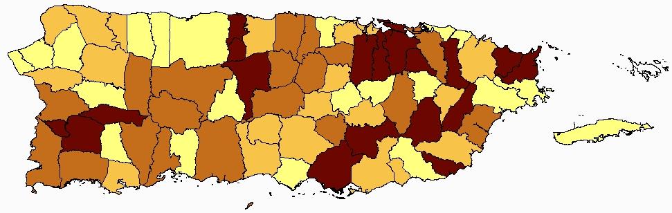 FIGURE 75: AGE-ADJUSTED (2000 PR STD. POP.) INCIDENCE RATES OF NON-HODGKIN LYMPHOMA BY MUNICIPALITY IN PUERTO RICO, 2006-2010 Puerto Rico Rate: 10.