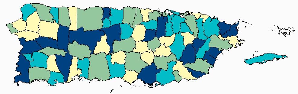 FIGURE 76: AGE-ADJUSTED (2000 PR STD. POP.) MORTALITY RATES OF NON- HODGKIN LYMPHOMA BY MUNICIPALITY IN PUERTO RICO, 2006-2010 Puerto Rico Rate: 3.