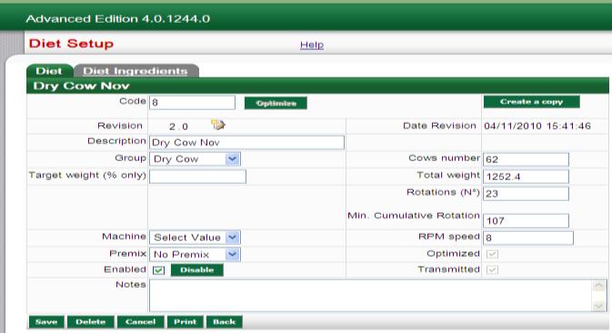 Diets; 3) At the bottom of List of Diets click on New, screen refreshes; 4) Diet is displayed, Figure 13 ; 5) Fill out the fields; a) Description Name of Diet which a appears on the Box b) Group