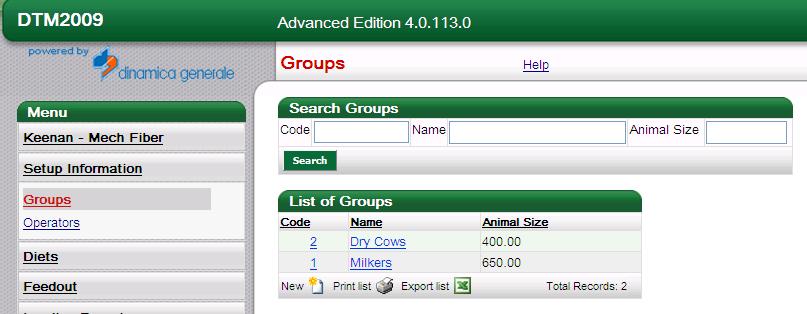 Configuring DTM Groups Groups are used to define the animals to which a diet will be fed e.g. milkers, dry cow. When entering a new Group Name the system also asks for the Average Animal Size.