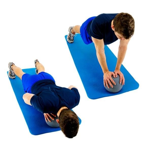 MEDICINE BALL - PUSH UPS Perform push-ups while both hands are on a medicine ball.