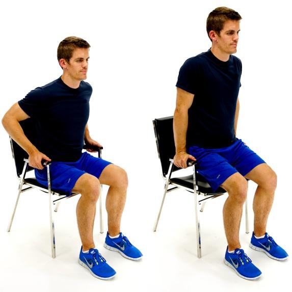 DIPS IN CHAIR While sitting in a chair with arm rests, push yourself upwards so that you lift your buttocks of