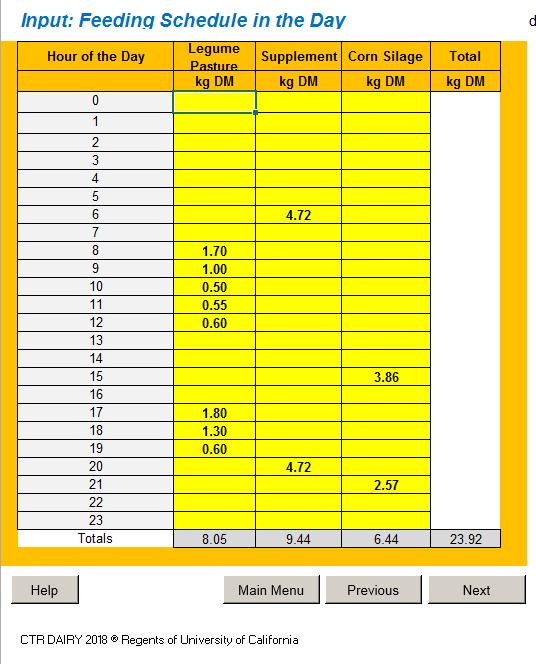 FEEDING SCHEDULE Enter feeds fed in kg DM (by Feed List) in the cells highlighted in yellow (where each cell represents 1 hour of the day). The feeds fed at any hour of the day (i.e., in the yellow cells) are assumed to be eaten over the subsequent 60 minutes.