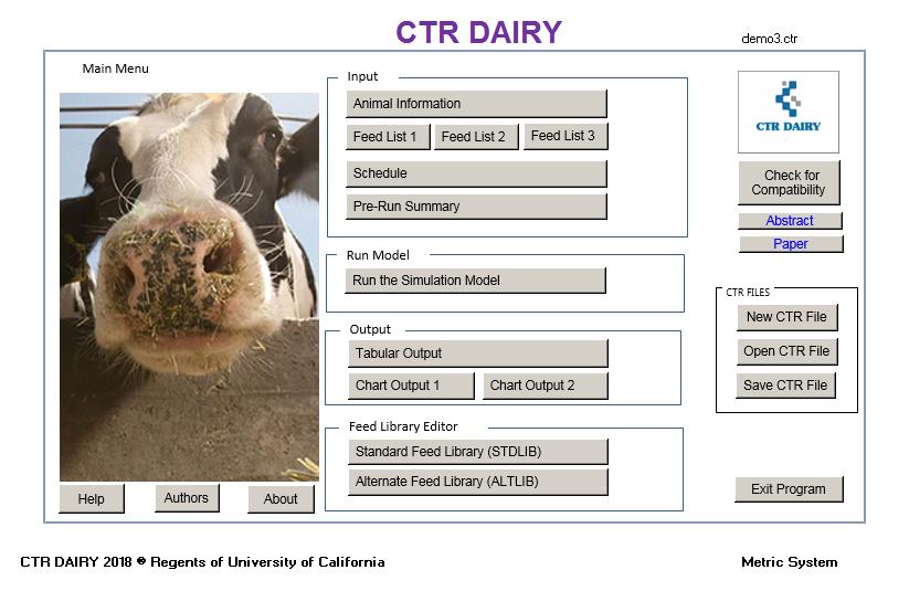 DESCRIPTION CTR Dairy is a computer program designed to simulate rumen events and digestion of nutrients, as well as predict performance, of lactating dairy cattle as a result of discontinuous