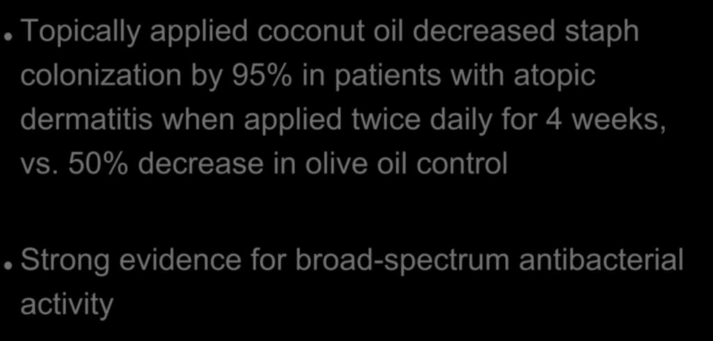 Coconut Topically applied coconut oil decreased staph colonization by 95% in patients with atopic dermatitis when applied twice daily for 4 weeks, vs.