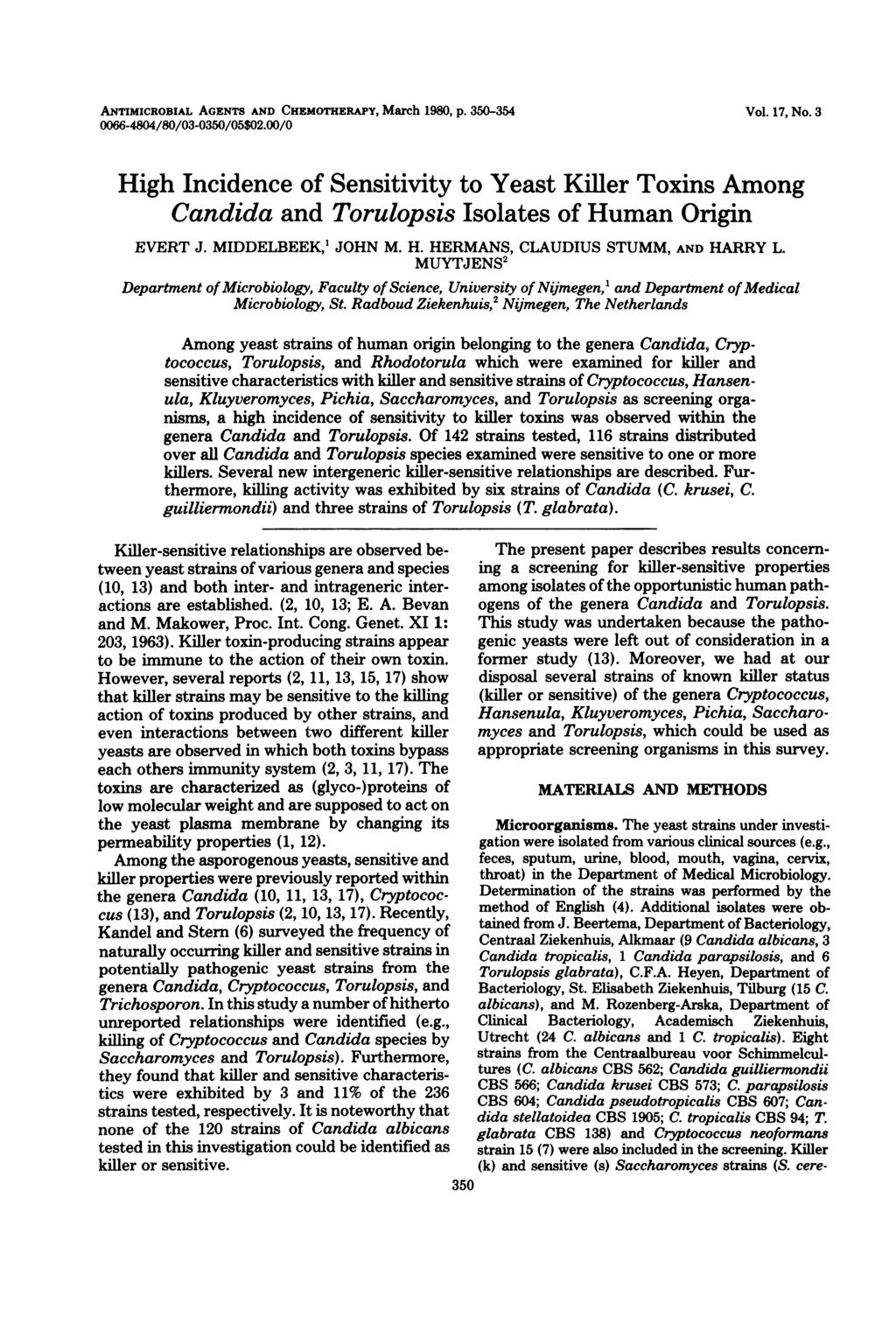 ANTIMICROBIAL AGENTS AND CHEMOTHERAPY, March 1980, p. 350-354 0066-4804/80/03-0350/05$02.00/0 Vol. 17, No.