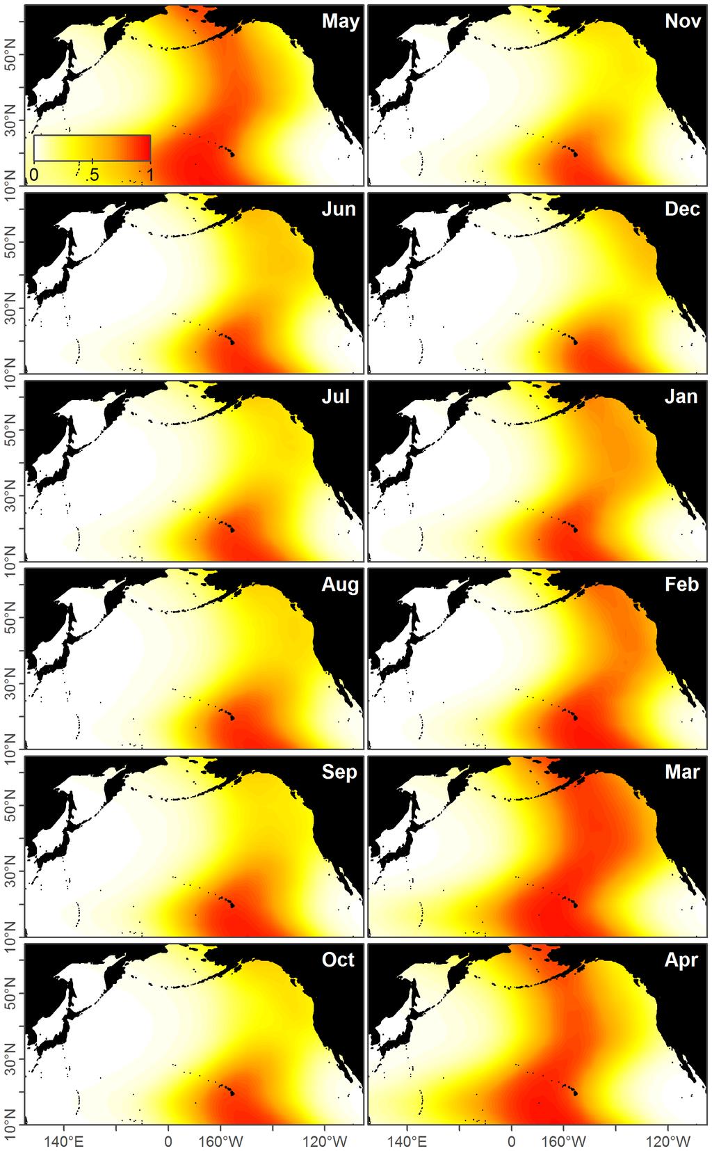 Figure 10. Maps showing the statistical uncertainty arising from bootstrapping. Uncertainty in the base case probability of a catch being from the ENP population quantified using bootstrapping (i.e. resampling the acoustic data with replacement and refitting the models).