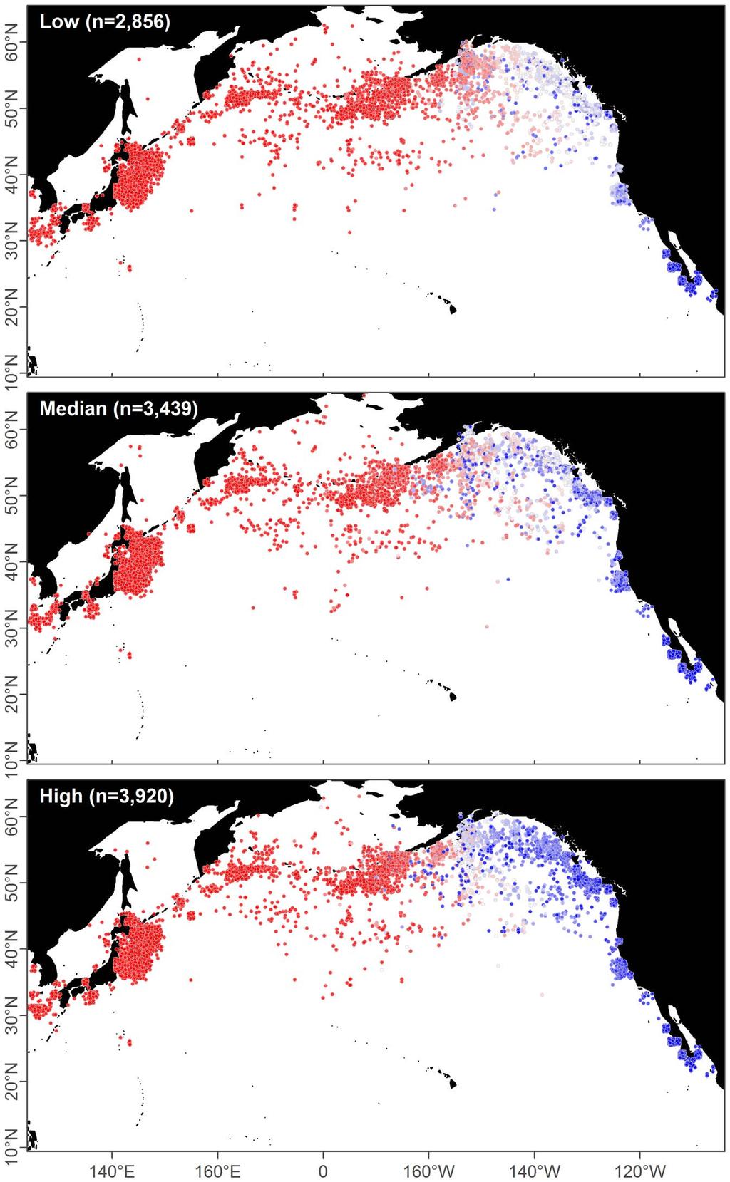 Figure 12. Example model predictions. Catches of ENP (blue) and WNP (red) blue whales for three realizations chosen to represent low, median, and high total ENP catches.