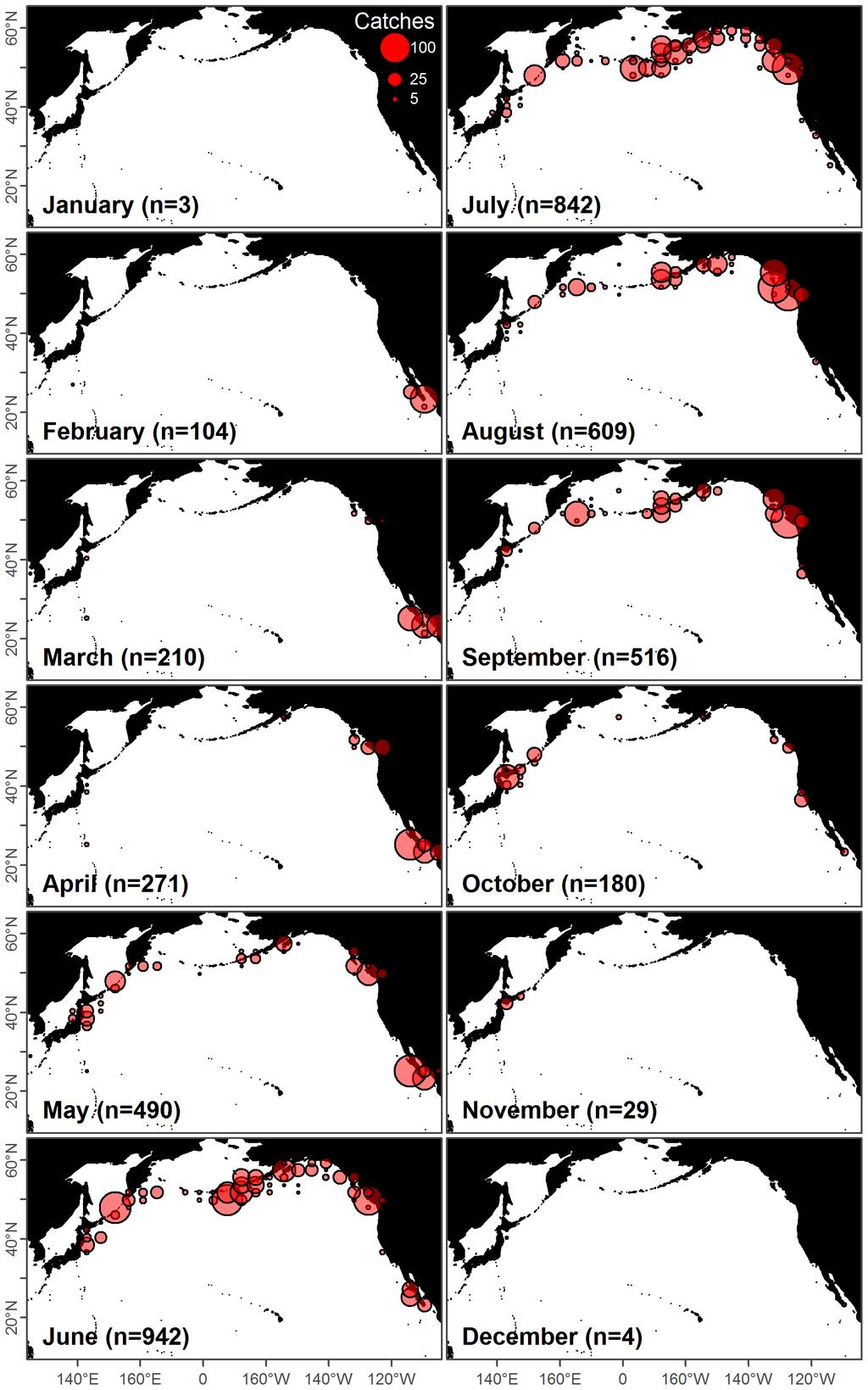 Figure 2. Distribution of the blue whale catches with reported locations.