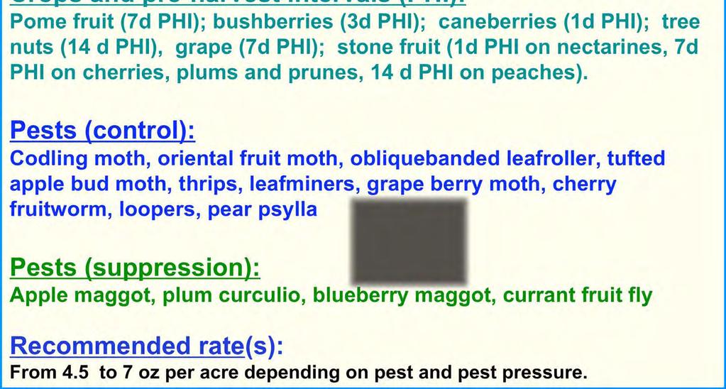 DELEGATE WG Crops and pre-harvest intervals (PHI): Pome fruit (7d PHI); bushberries (3d PHI); caneberries (1d PHI); tree nuts (14 d PHI), grape (7d PHI);