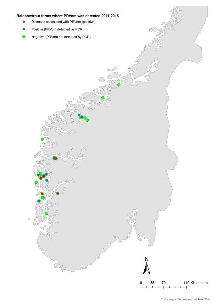 Figure 2. Map of sites included results for in the 2011-2015 surveillance programme for PRVom.