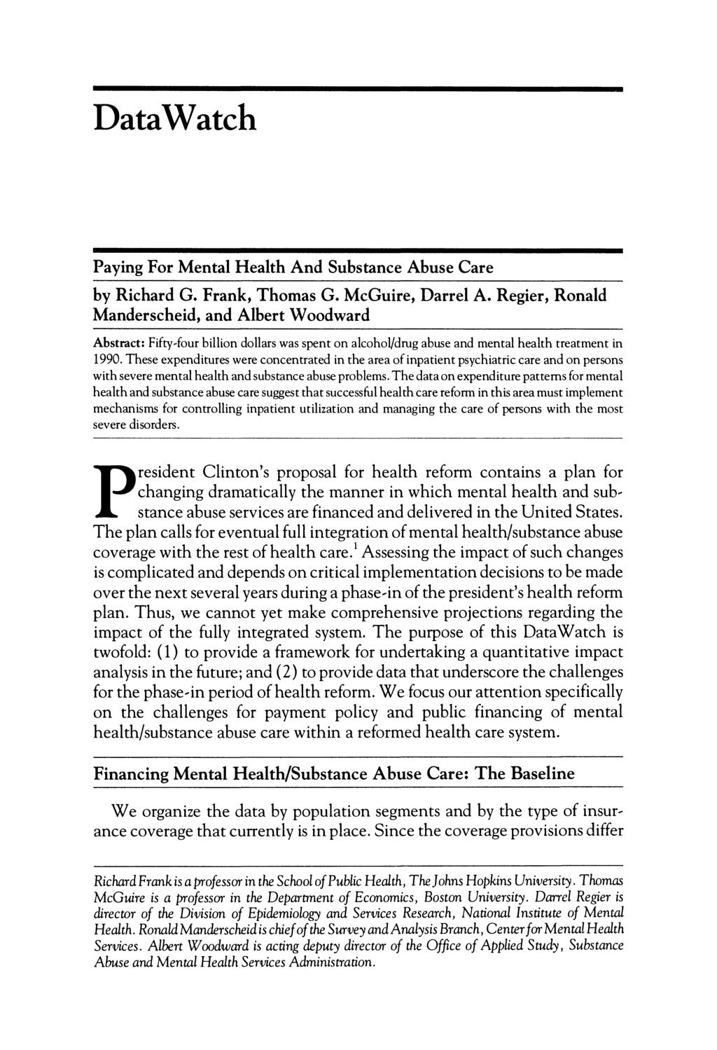 DataWatch Paying For Mental Health And Substance Abuse Care by Richard G. Frank, Thomas G.