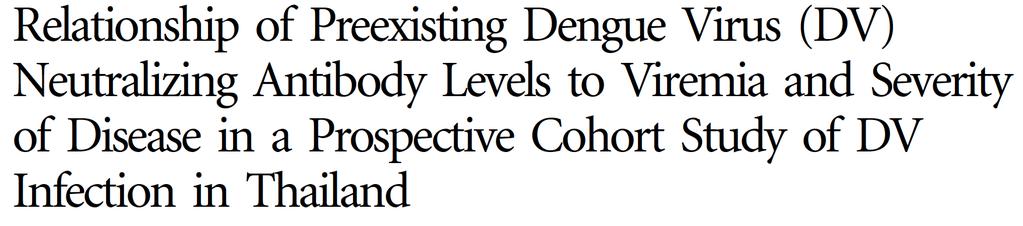 Progress on Searching for a Dengue CoP Protection in Nature and Vaccine Trials 8 In secondary D3V infections, pre-existing D3V-reactive neutralizing Abs appear to ameliorate viral