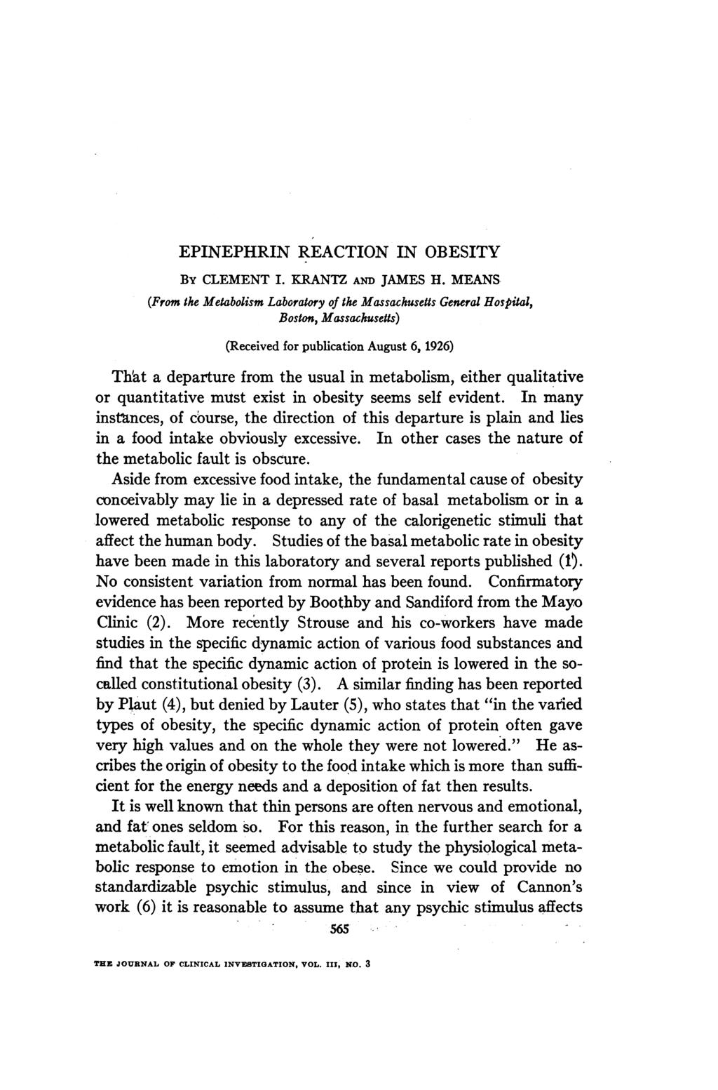 EPINEPHRIN REACTION IN OBESITY BY CLEMENT I. KRANTZ AND JAMES H.