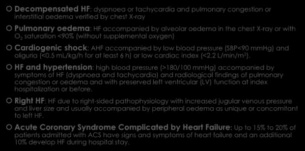 Acute Heart Failure Subtypes Decompensated HF: dyspnoea or tachycardia and pulmonary congestion or interstitial oedema verified by chest X-ray Pulmonary oedema: HF accompanied by alveolar oedema in