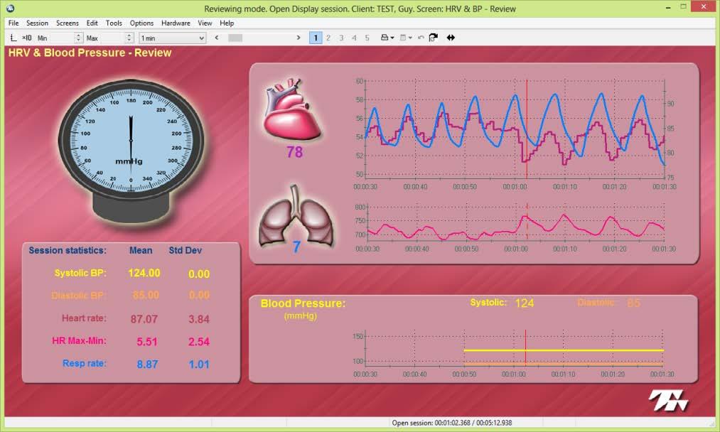 HRV & BP - Review The HRV Review screen shows a graph of the respiration and heart rate signals, along with a