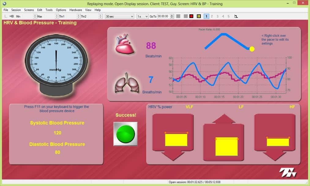 HRV & BP - Training This classic HRV biofeedback training screen teaches your clients to do coherent breathing and allows you to monitor changes in blood pressure during the session.