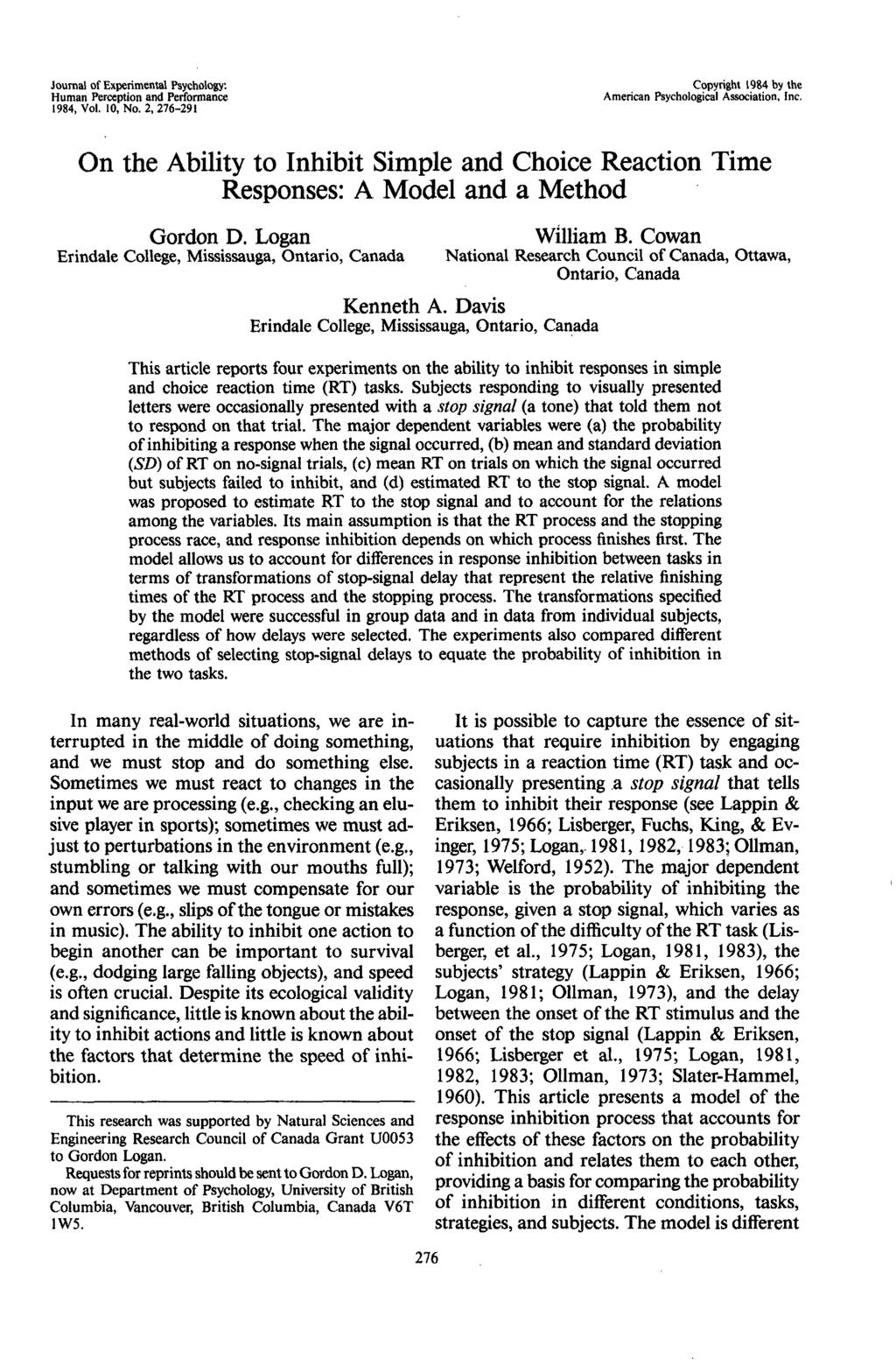 Journal of Experimental Psychology: Human Perception and Performance 1984, Vol. 10, No. 2, 276-291 Copyright 1984 by the American Psychological Association, Inc.