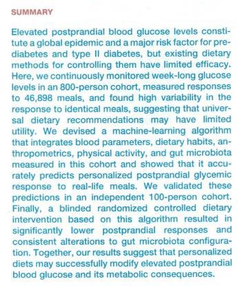 How the Gut Microbiome Influences Glycemic Response 800 people 46,898 meals Machine-learning algorithm Integrates blood parameters, dietary habits,