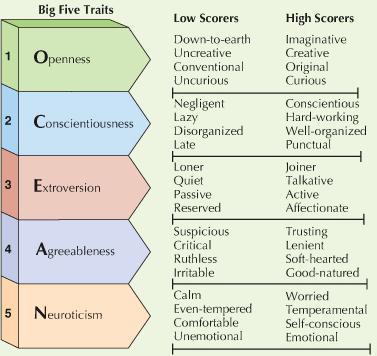 Trait Theorists: The Five-Factor Model Openness- Original and open to new ideas vs. conventional and narrow in interests Conscientiousness-Responsible and organized vs.