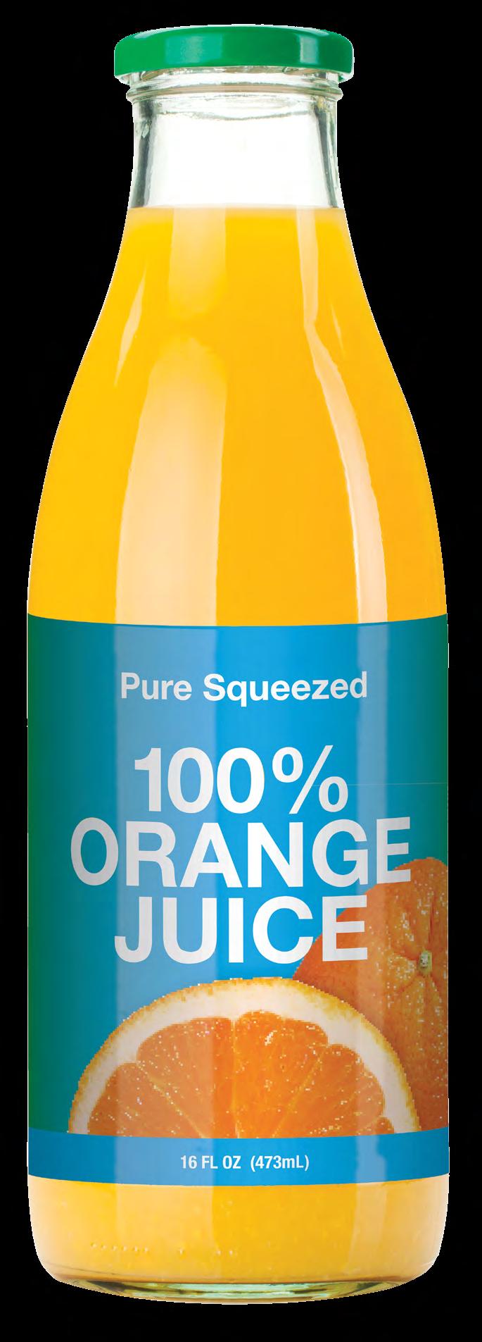 100% Orange Juice Servings Per Container 2 Calories 122 Calories from Fat 0 Sodium 5mg 0% Potassium 443mg 13% Total Carbohydrates 29g 10% Sugars 21g Protein 2g 4% Vitamin C 139% Thiamin 17% Not a