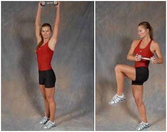 . Lunge to Shoulder Press 10 to 12 reps per side Perform walking lunges and press a dumbbell or medicine ball above your head with each step Oblique Crunch 8 to 10 reps per side Lie across the top of