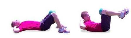 Bend your knees and place a med ball between your knees while arms are behind your head.
