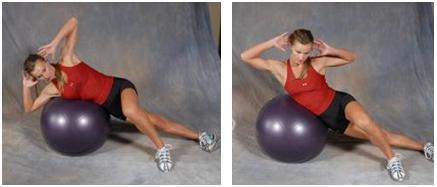 Side Lying Crunch 8 to 10 reps per side Lie across a fitness ball making contact with the top of your hips and oblique muscles (side ab muscles).