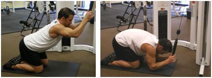 Keep your elbow tucked in and squeeze your shoulder blade. Kneeling Rope Crunches 8 to 10 reps Kneel in front of the cable machine with your body facing the machine.