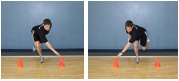 CORE balance/stability 3 Side Touches 8 to 10 reps per side Place a cone 2-3 feet off to each side of the body and slightly in front of the body.