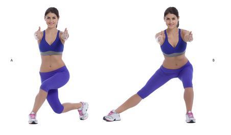 Curtsy Lunge 8 to 10 reps per side Stand with your feet hip-width apart, hands out in front of you. Take a big step back with your left leg, crossing it behind your right.