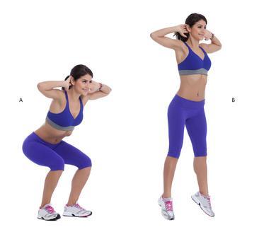 CORE powerful hips 2 Split Jump 6 to 8 reps per side Assume a lunge stance position with one foot forward with the knee bent, and the rear knee nearly touching the ground.