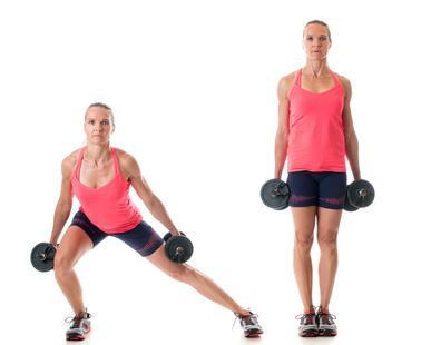 CORE dumbbell Side Lunges 8 to 10 reps per side Take a large step with your right foot to the right side and lunge toward the floor.