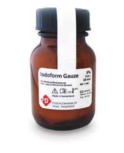 Root canal treatment and disinfection Iodoform gauze, 5 % and 10 % Dressing for the treatment of extraction sockets. Iodoform is a mild analgesic possessing an antiseptic activity.