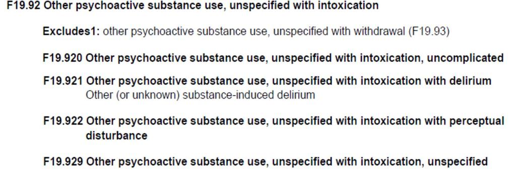 Medication/Drug Induced Delirium Index Points to F19.921 Excludes1 note if there is: Mild use disorder (drug abuse) Moderate or severe use disorder (drug dependence) F19.