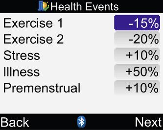 The Accu-Chek Bolus Advisor Health events settings to support bolus advice Exercise increases insulin sensitivity Health Events allow