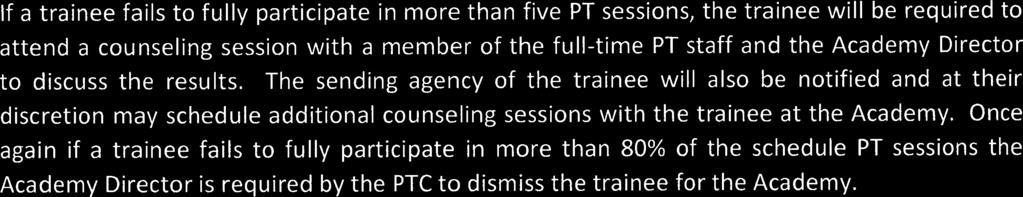 If a trainee fails to fully participate in more than five PT sessions, the trainee will be required to attend a counseling session with a member of the full-time PT staff and the Academy Director to