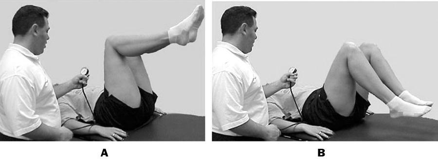Lower abdominal neuromuscular control The athlete is supine with the knees and hips flexed to 90 degrees. The pressure cuff is placed under the lumbar spine at L4-L5 and inflated to 40 mmhg.